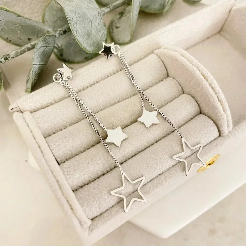 925 Sterling Silver Star Dangle Earrings Long Star Tassel Chain Drop Earrings - Picture 5 of 6